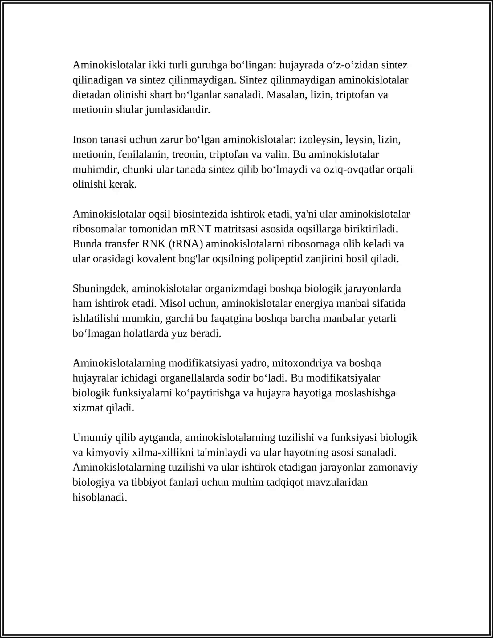 AMINOKISLOTALAR TUZILISHI XOSSALARI VA BIOLOGIK XOSSALARI 4
