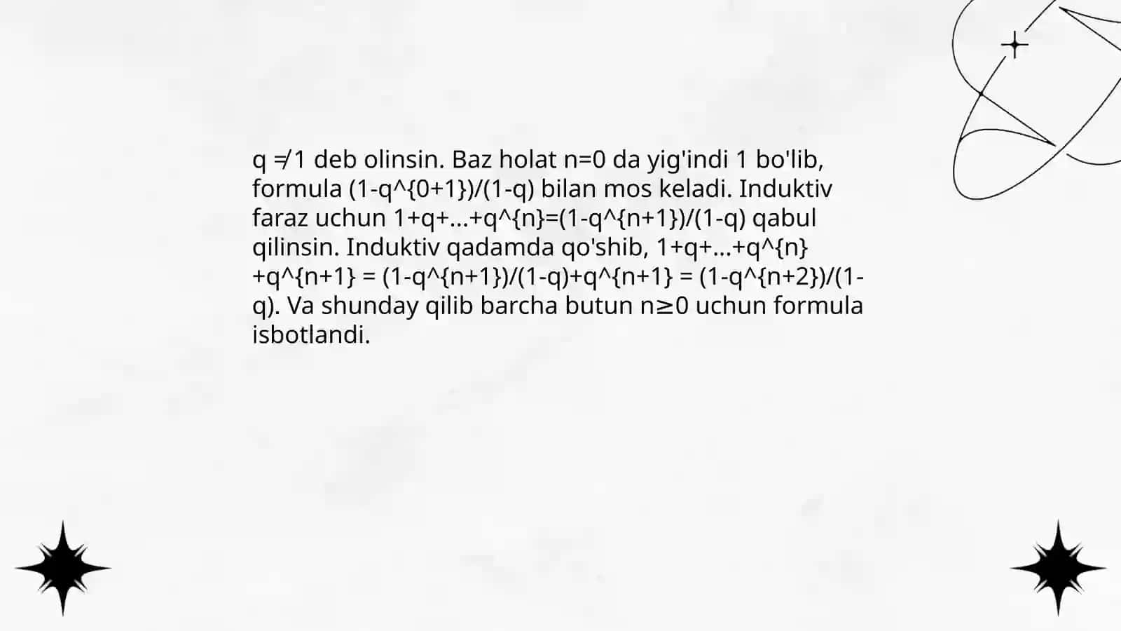 Matematik induksiya yordamida 1+2+...+n = n(n+1)/2 ni isbotlash 4