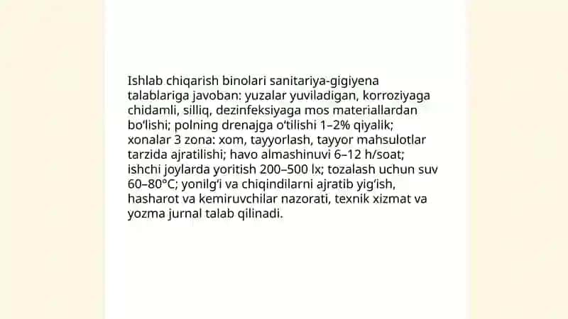 Oziq-ovqat mahsulotlariga qo‘yiladigan gigiyenik talablar 4