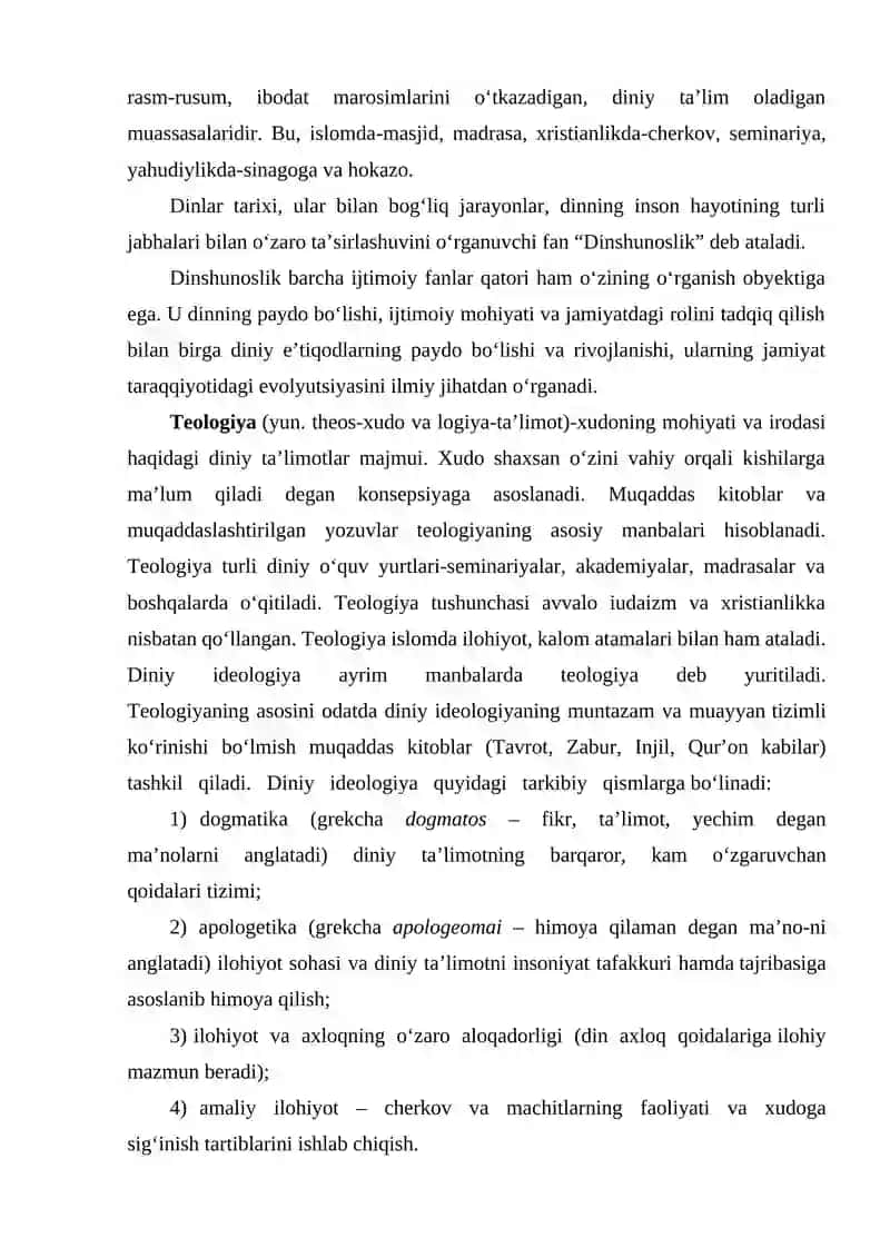 Dinshunoslikning fan sifatida shakllanishi, predmeti, funksiyalari, kategoriyalari 4