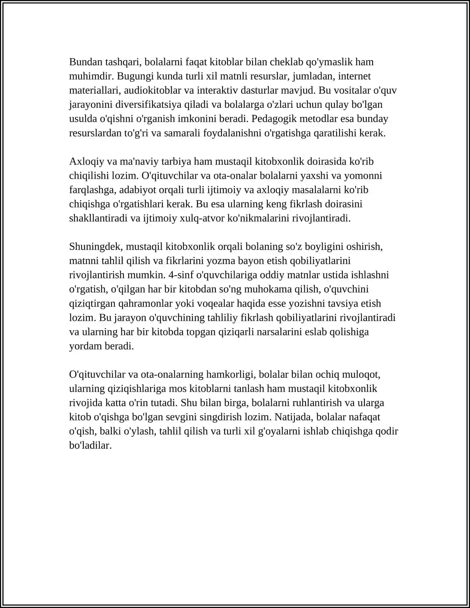 MUSTAQIL KITOBXONLIKNI SHAKLLANTIRISH YUZASIDAN 4-SINF UCHUN METODIKASI 4