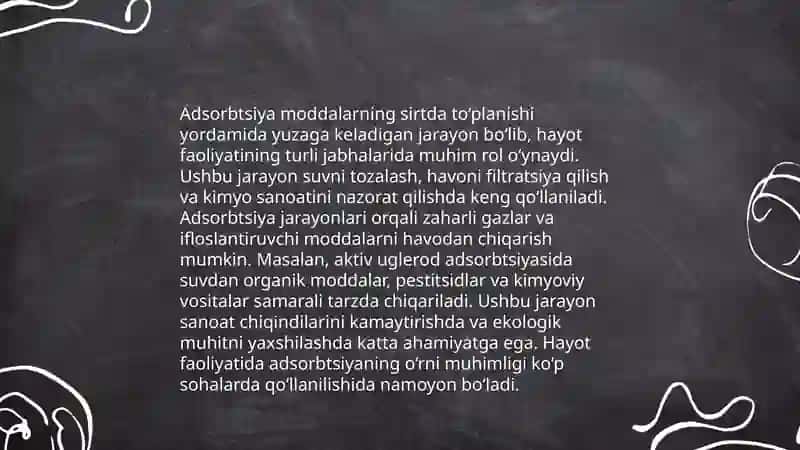Organizmninig hayot faoliyatida va davolash usullarida adsorbtsiya jarayonining ahamiyati 4