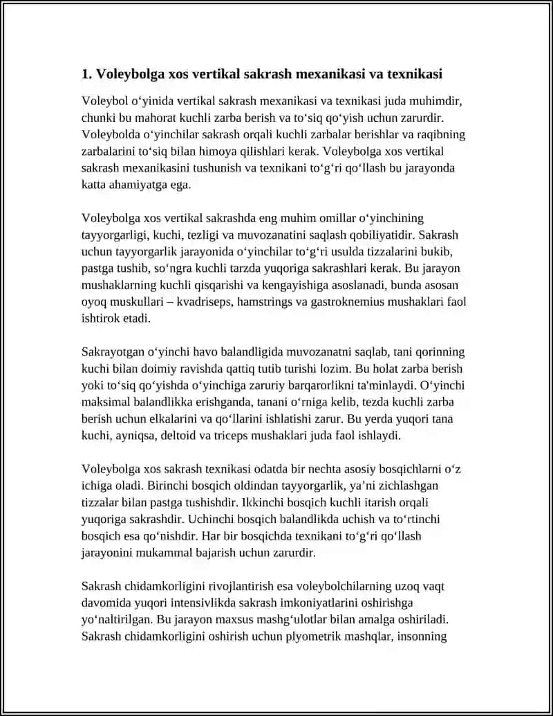 Voleybolga xos vertikal sakrash va sakrash chidamkorlikni shakllantirishni zarba berish hamda to‘siq qo‘yish ko‘nikmalari asosida o‘zlashtirish 4