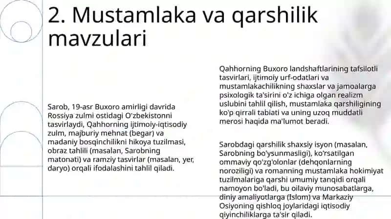 Abdulla Qahhorning sarob romanini turli xil metod bilan tahlil qilib ber 4