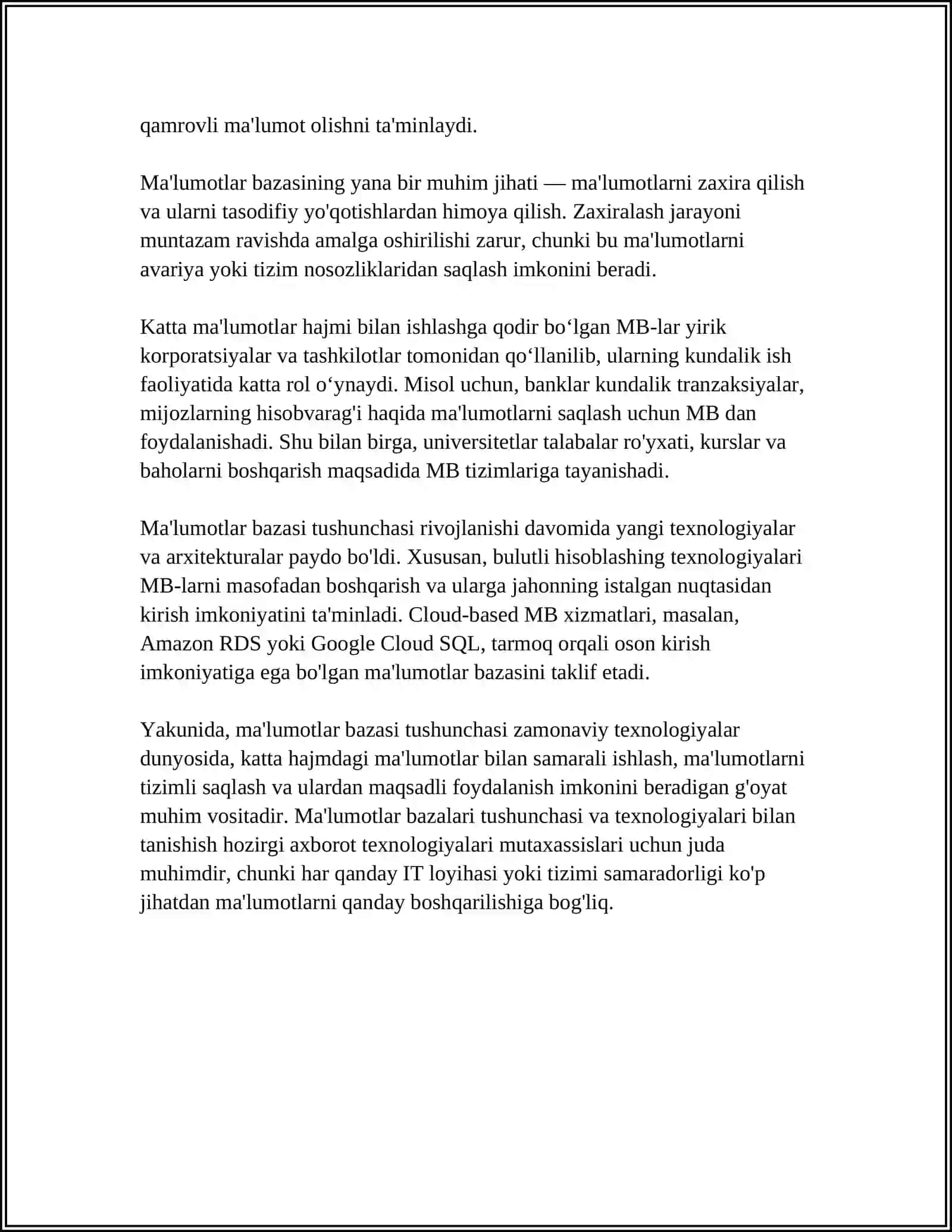 MA’LUMOTLAR BAZASI MODELLARI VA MAHOYAT-ALOQA MODELI 4