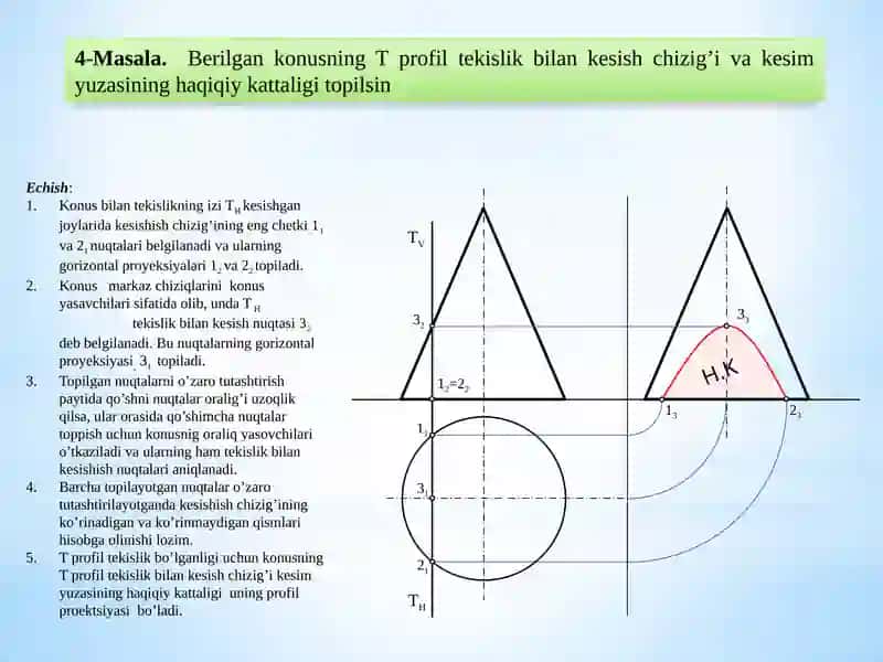 Masala. Berilgan konusning gorizontal proeksiya lovchi tekislik Q bilankesish chizigi va kesim yuzasining haqiqiy kattaligi topilsin 4