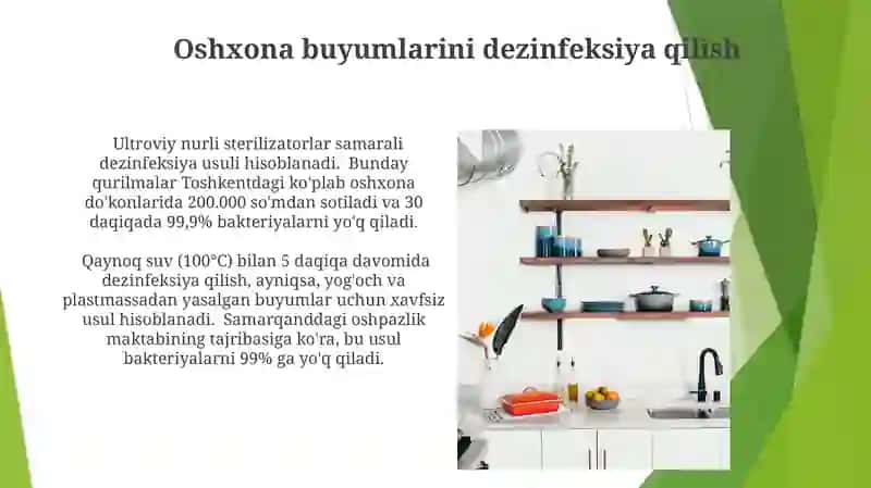 Oshxona uy anjomlarini saqlash tozalash va jihozlash usullari 4
