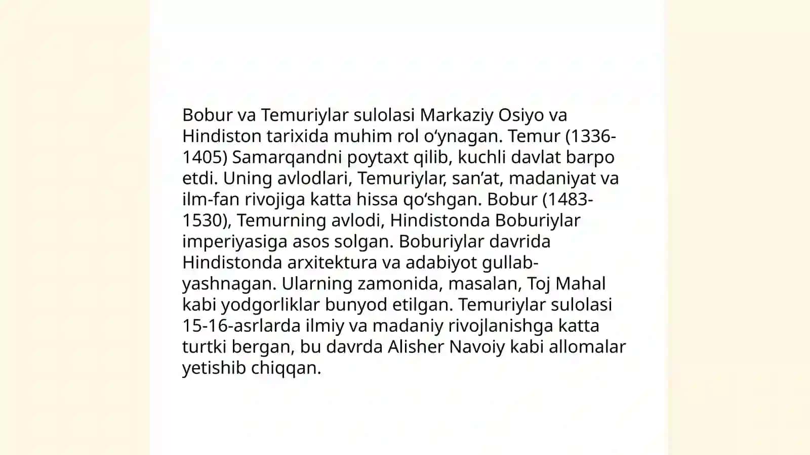 Zahiriddin Muhammad Bobur va uning siyosiy,iqtisodiy,madaniy sohalardagi faoliyati 4