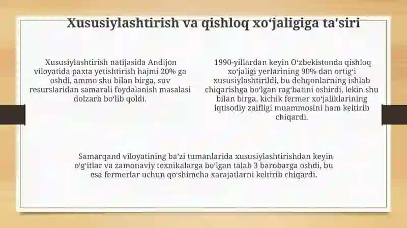 Mustaqillik yillarida qishloq xojaligi va sanoat sohasidagi o'zgarishlar 4