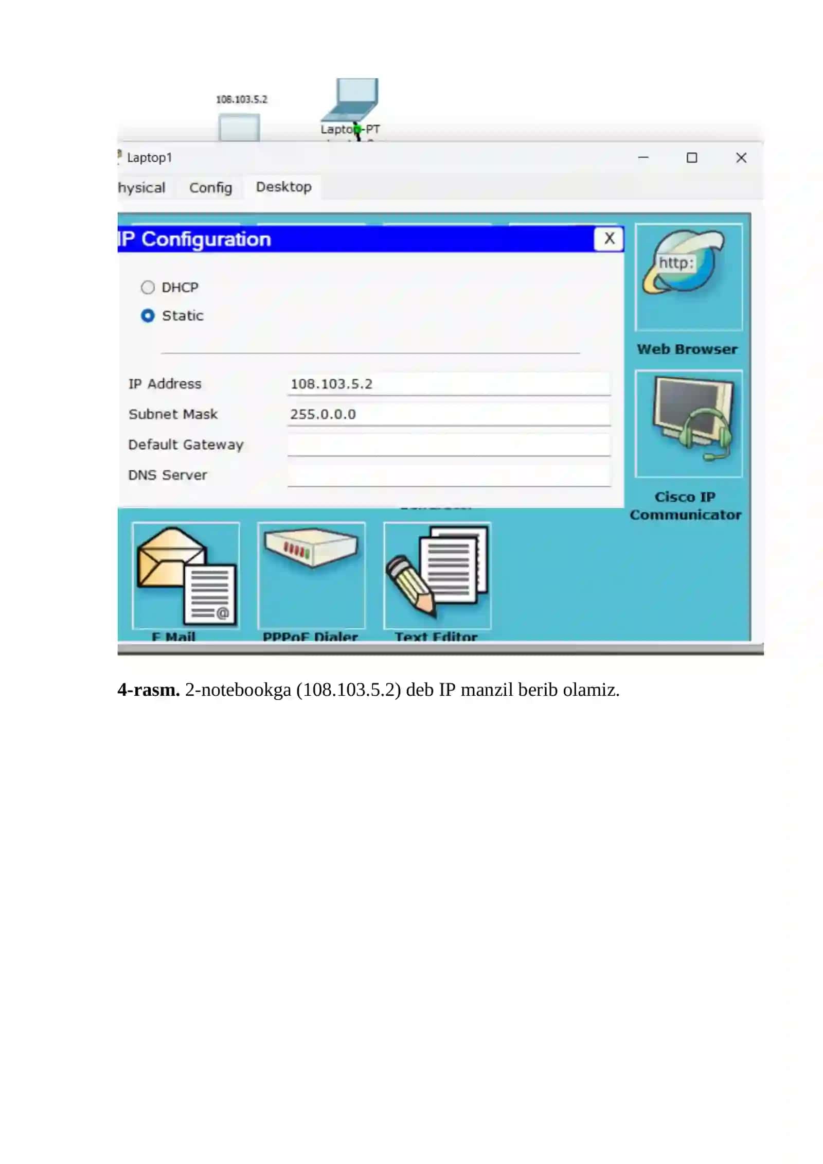 Cisco Packet Tracer muhitida Lan tarmog‘ini loyihalash, Vlan segmentlarga ajratish va qurilmalarni konfigurastiya qilish 4