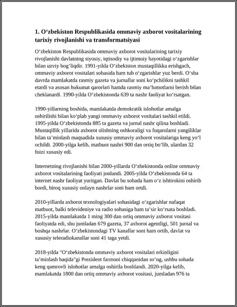 OʻZBEKISTON RESPUBLIKASIDA OMMAVIY AXBOROT VOSITALARINING FAOLIYATI (OʻZGARISH VA MUAMMOLAR) 4