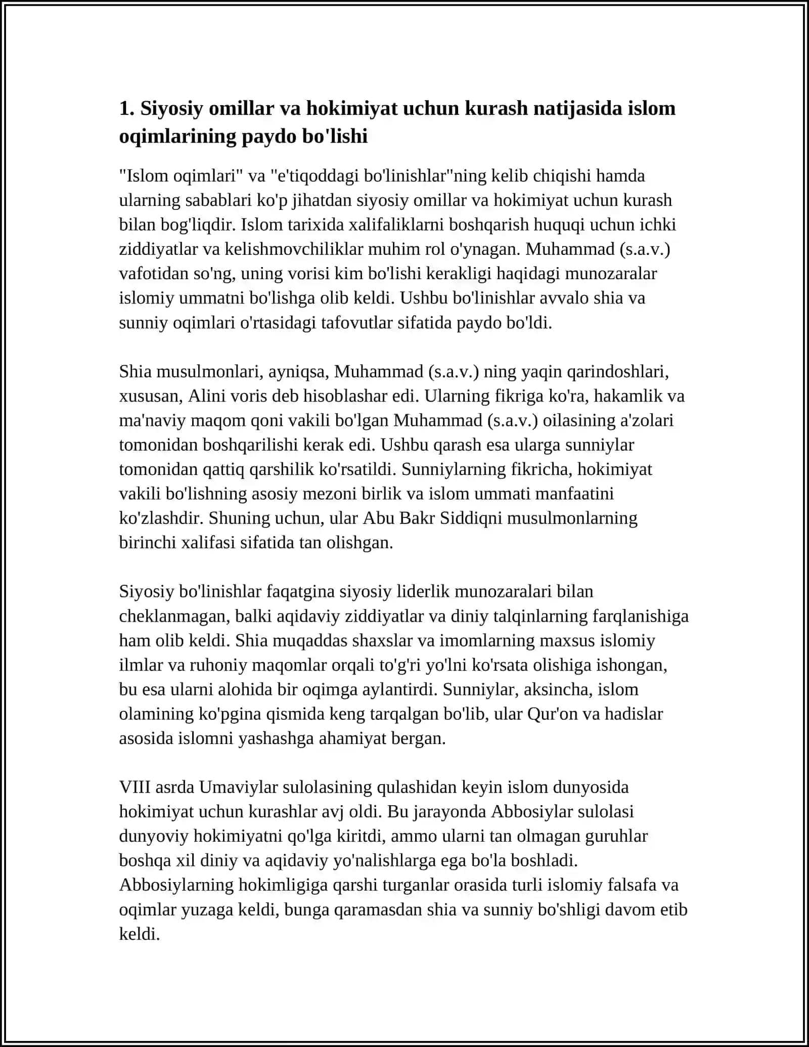 ISLOM OQIMLARI VA YO'NALISHLARINING PAYDO BO'LISHI SABABLARI, E'TIQODIDAGI BO'LINISHLARNING SABABLARI VA OGIBATLARI 4