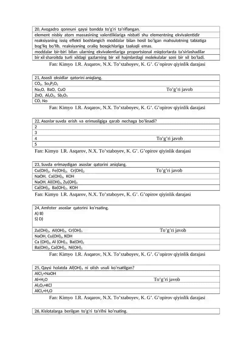 Kimyo test 8 – sinf 4