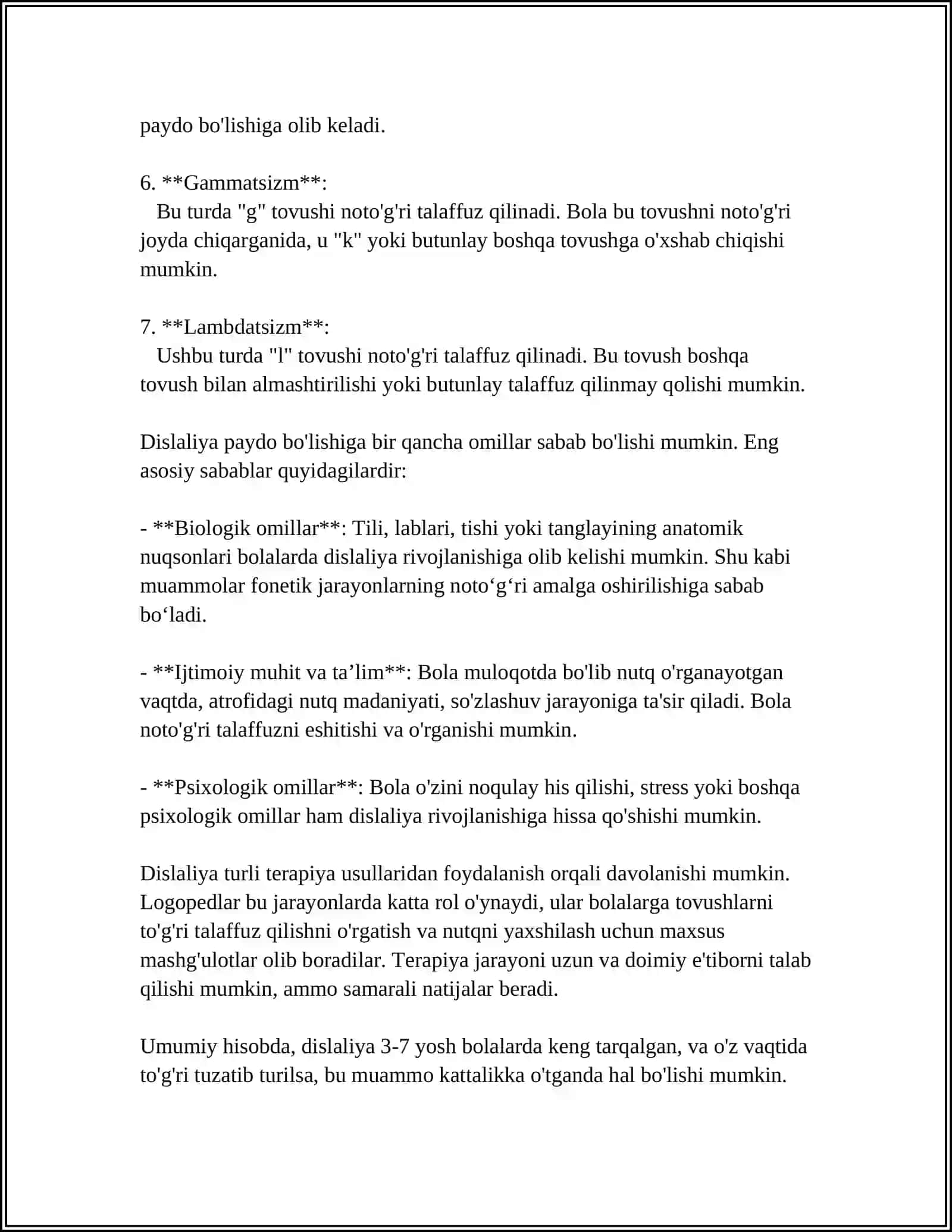TURLI NUTQ KAMCHILIKLARI: DISLALIYA, BOSHQALARDA LOGOPEDIK TEKSHIRISH TEXNOLOGIYALARINI KUZATISH 4