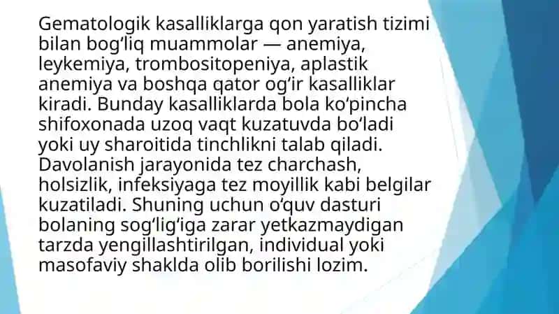 Gematalogiya, onkologiya, klinik immunologiya, boshqa statsionar va uzoq muddatli ambulator davolanishida bo’lgan bolalarga uzluksiz ta’lim-tarbiya berishni ta’minlash. 4