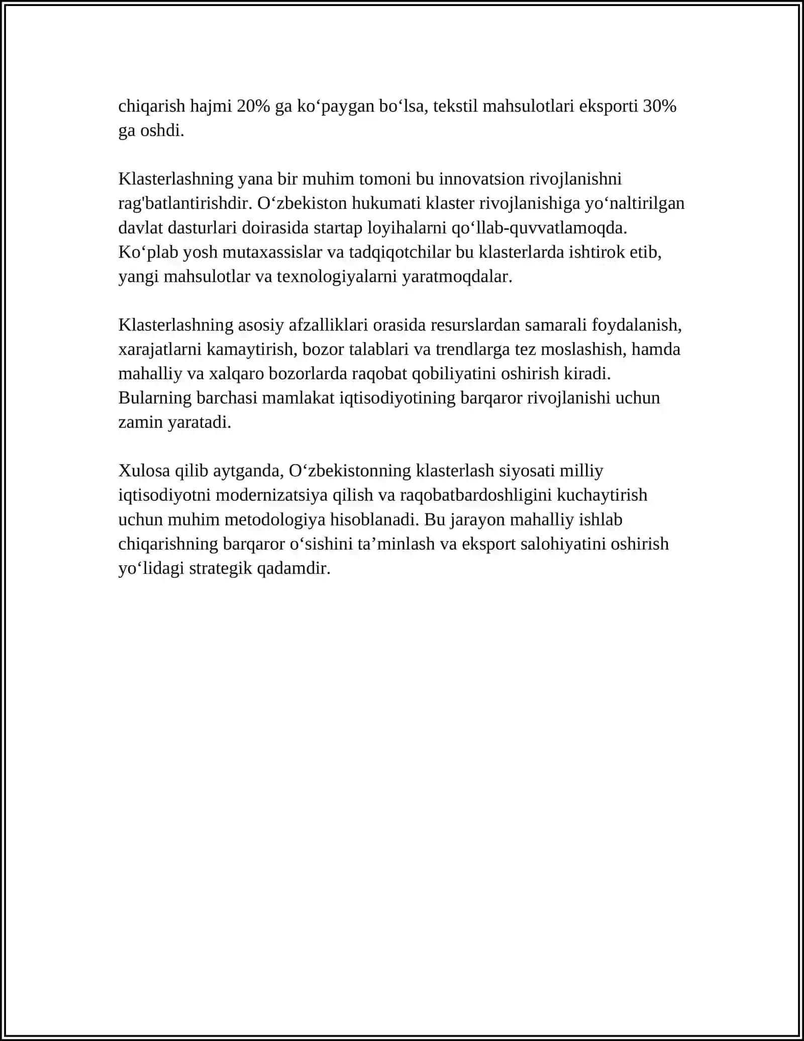 O'ZBEKISTONDA KLASTERLASHTIRISH SIYOSATI: MUOAMMOLAR VA ISTIQBOLLAR 4