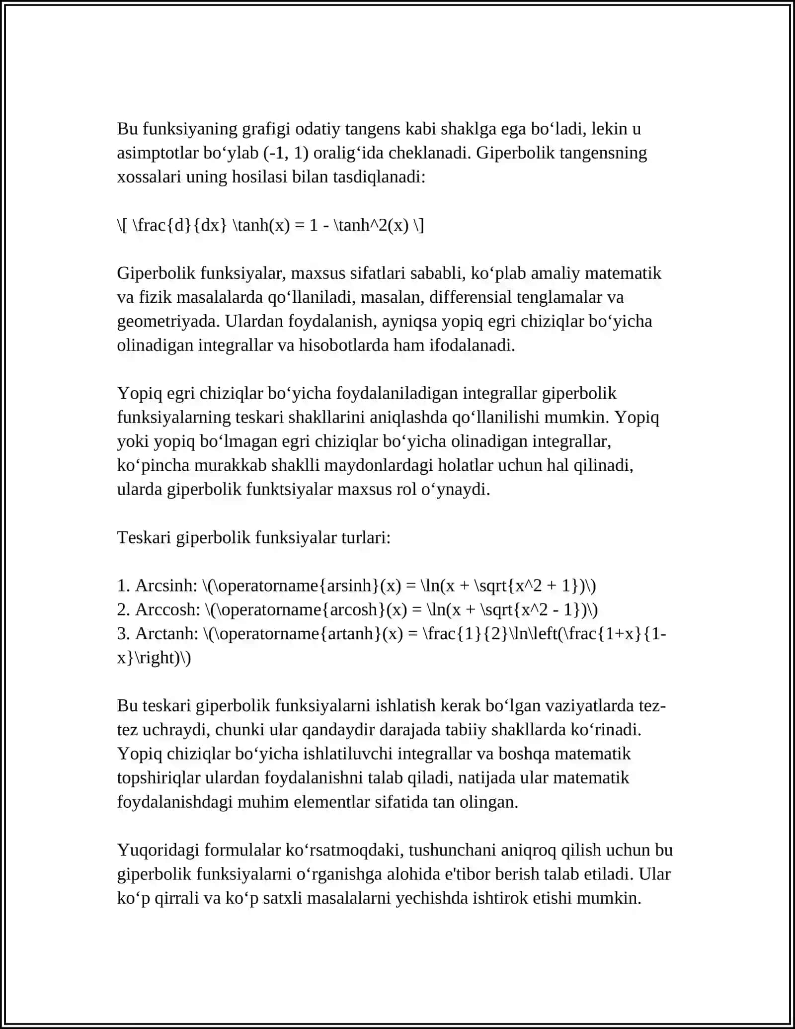 GIPERBOLIK VA TESKARI GIPERBOLIK FUNKSIYALAR. YOPIQ EGRI CHIZIQ BOʻYICHA OLINGAN INTEGRAL 4