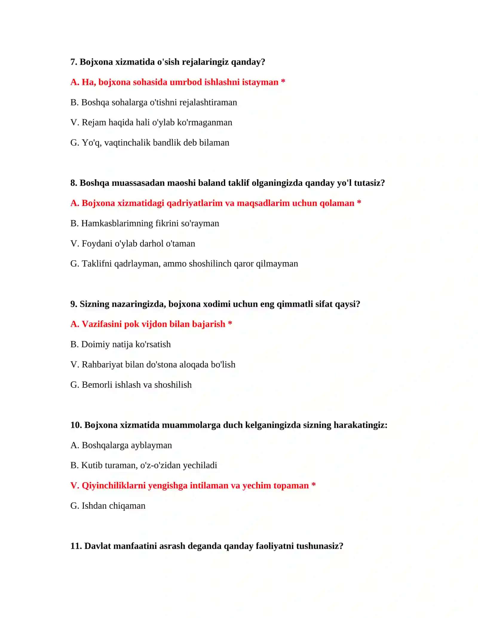BOJXONA XIZMATI - SARALASH UCHUN PSIXOLOGIK TEST SAVOLLARI 4