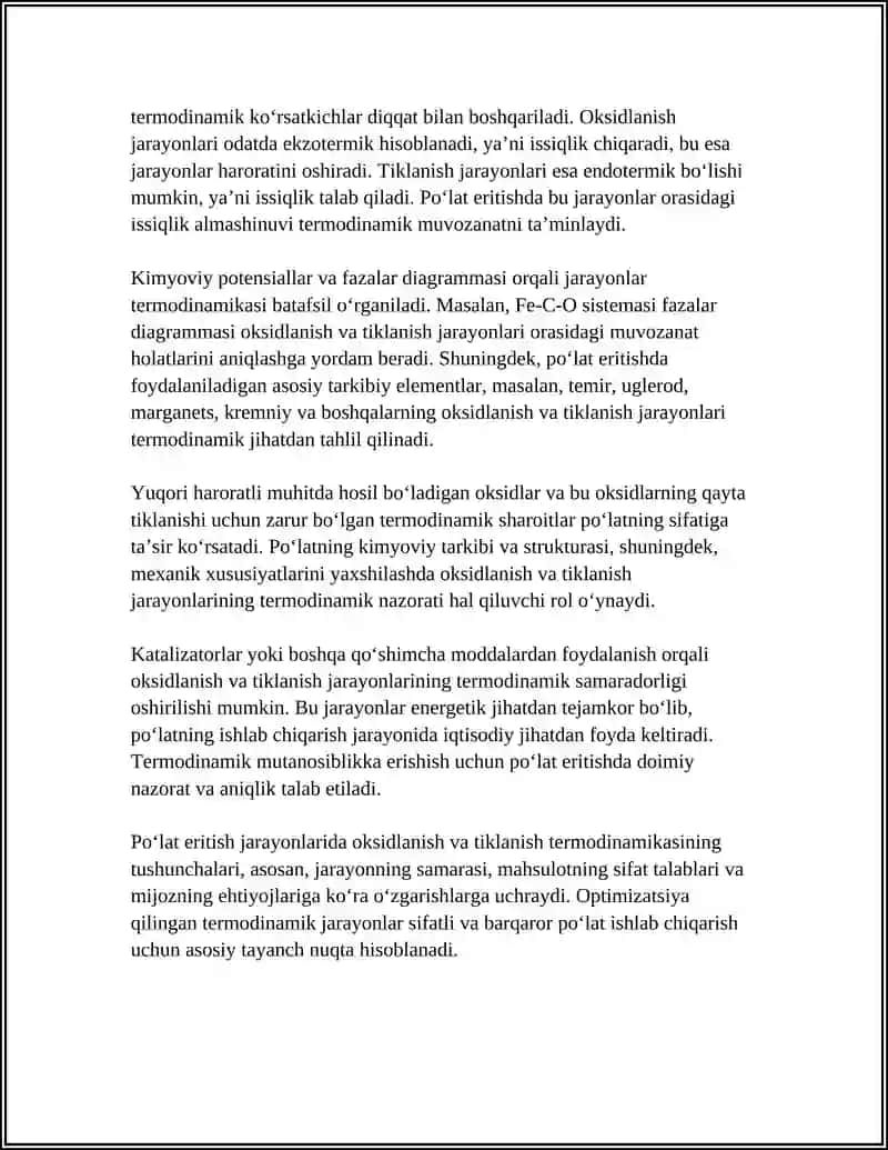 PO‘LAT ERITISH JARAYONLARIDA ELEMENTLARNING OKSIDLANISH VA TIKLANISH TERMODINAMIKASI 4