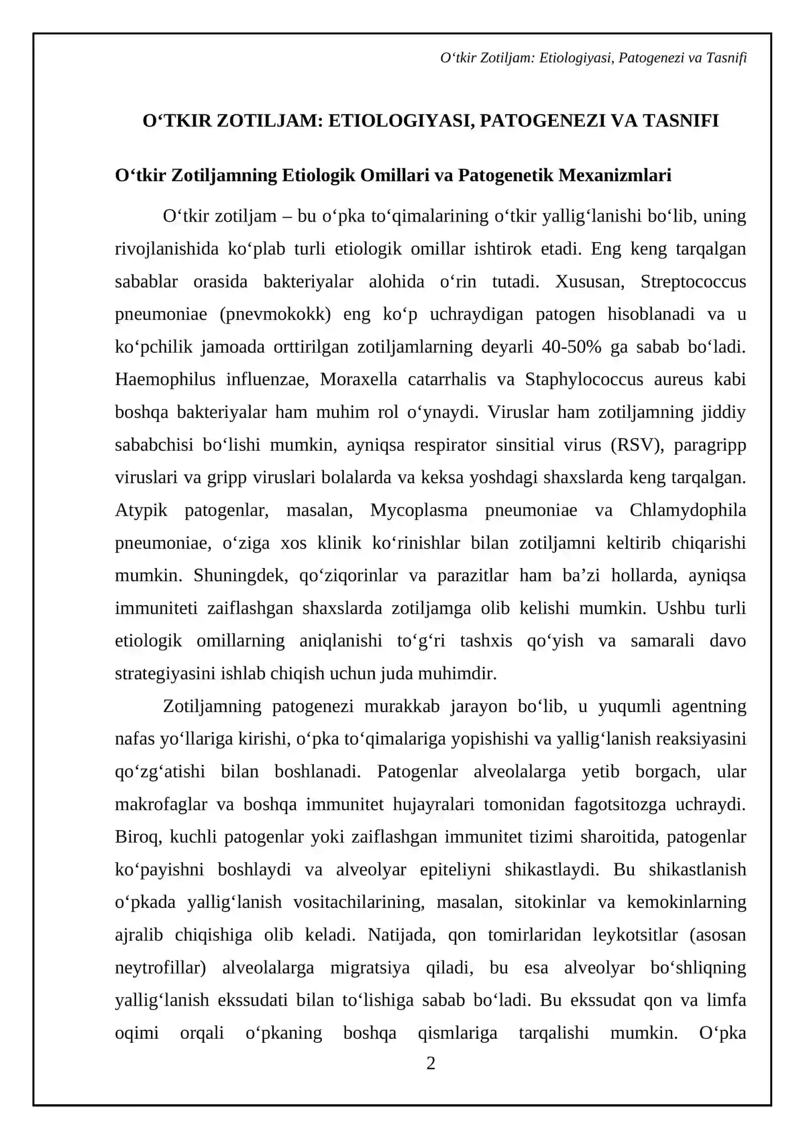 Oʻtkir zotiljam. Etiologiyasi. Patogenezi. Tasnifi. Klinikasi. Tashxis. Davosi. Zotiljamni qariyalarda namoyon boʻlishi. Hamshiraning jarayonini tashkillashtirish. Hamshiraning tashxisi, reja, rejani amalga oshirish, baholash 4