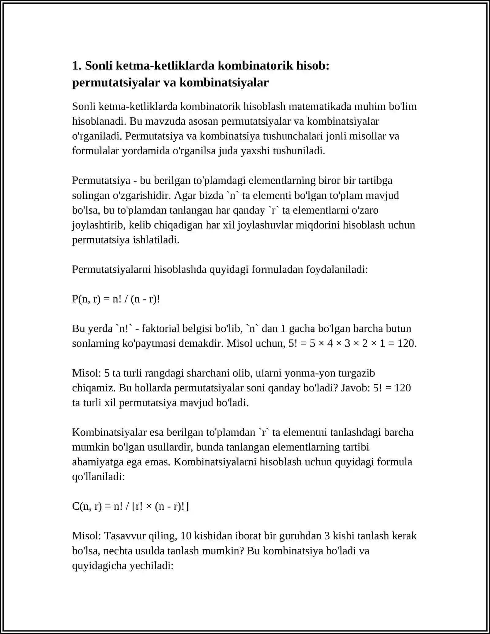 MAVZU SONLI KETMA-KETLIKLARNI KOMBINATORIKA, EHTIMOLLAR NAZARIYASIDAGI TATBIQLARI 4