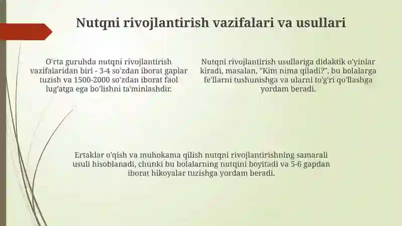 O'rta yoshdagi bolalar nutqini oʻstirishning vazifalari, metodlari va vositalari 4