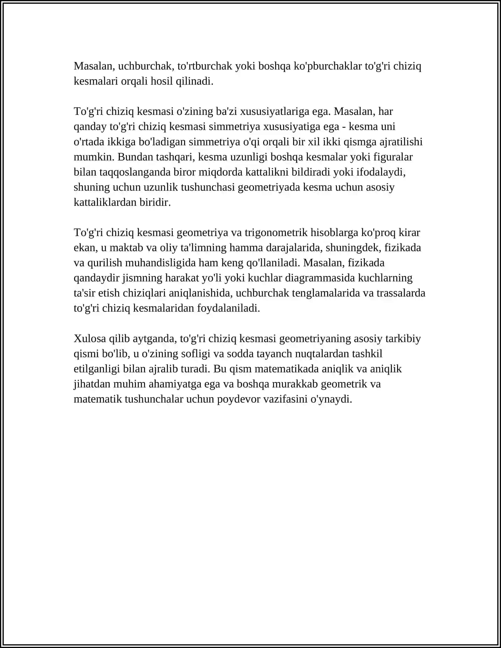 1-SINFLARDA TO'G'RI CHIZIQ KESMASI, KESMA UZUNLIGI 4