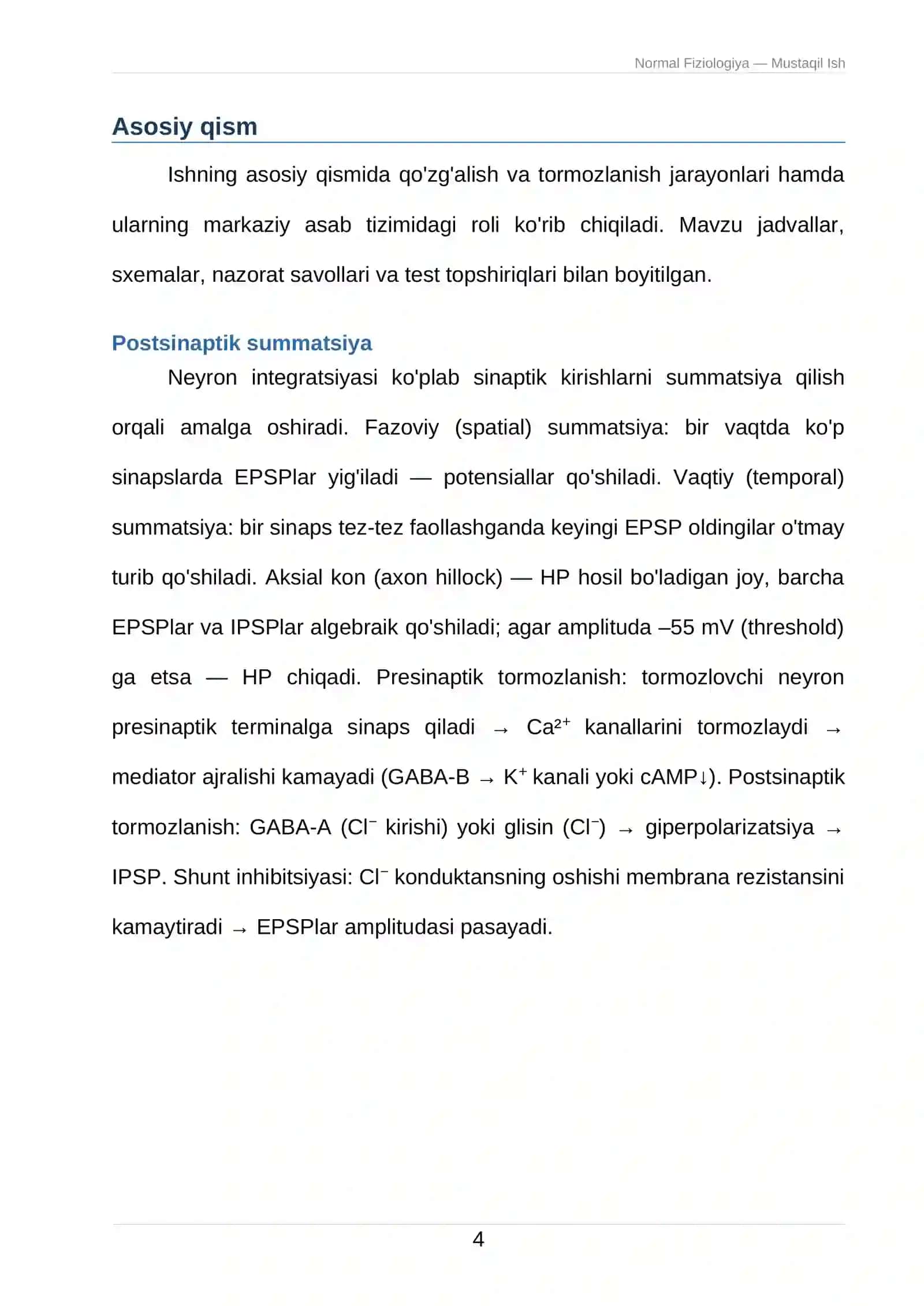 Odam va hayvonlar fiziologiyasi — Mustaqil Ish 4