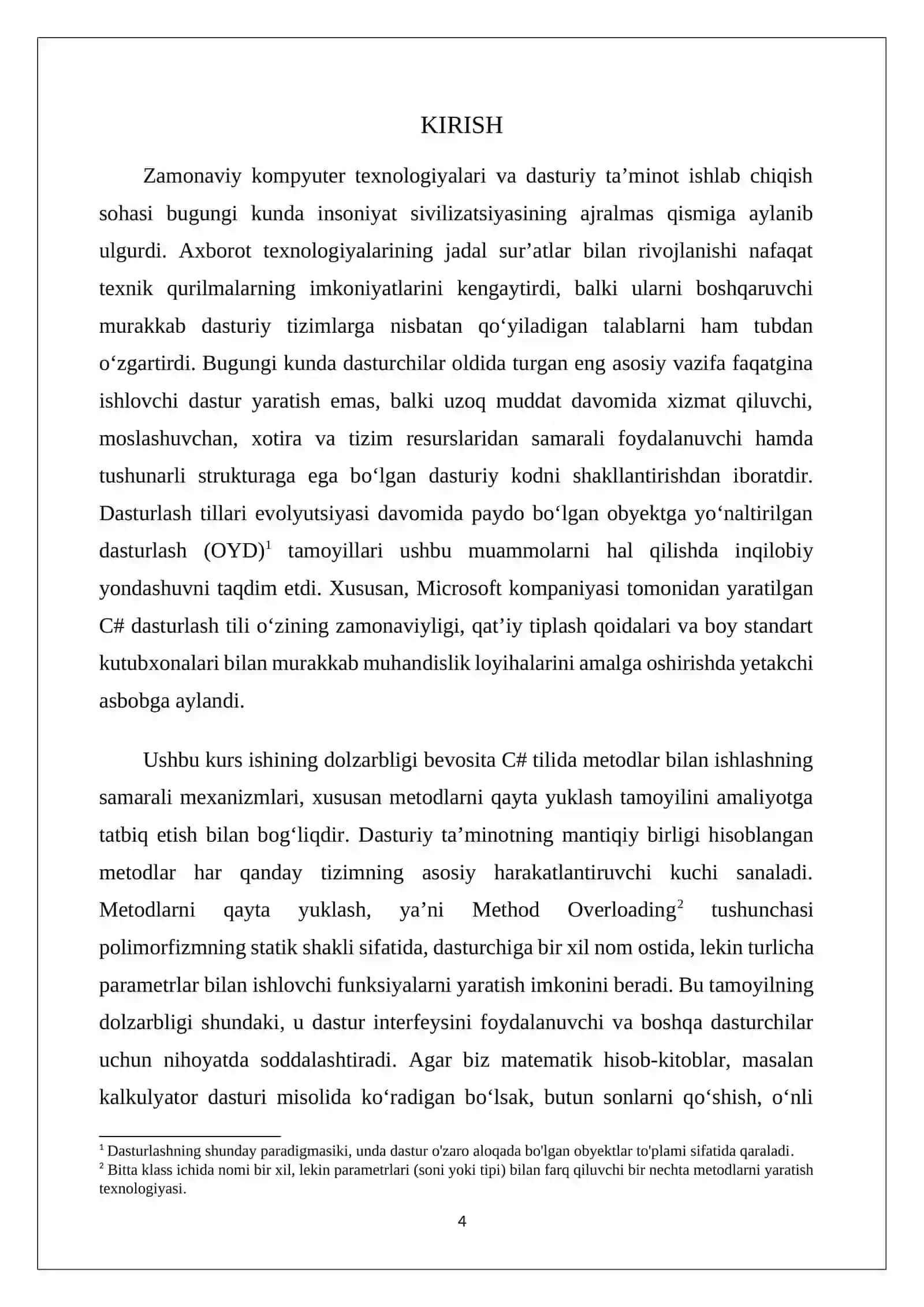 C# DASTURLASH TILIDA METODLARNING FUNDAMENTAL ROLI, ULARNING FUNKSIONAL STRUKTURASI VA E’LON QILISHNING STRATEGIK QOIDALARI 4