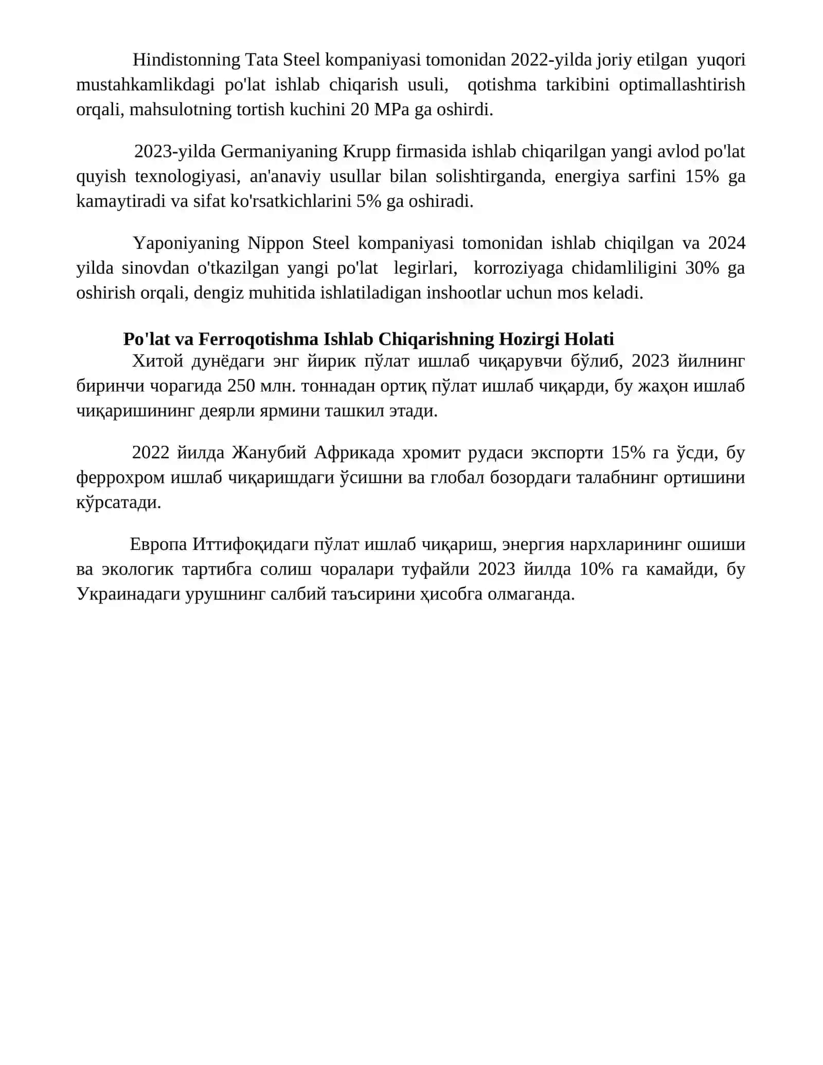 Polat va Ferroqotiқ Ishlab Chiqarishning Holati va Rivоjlaniш Tendentsiyalari 4