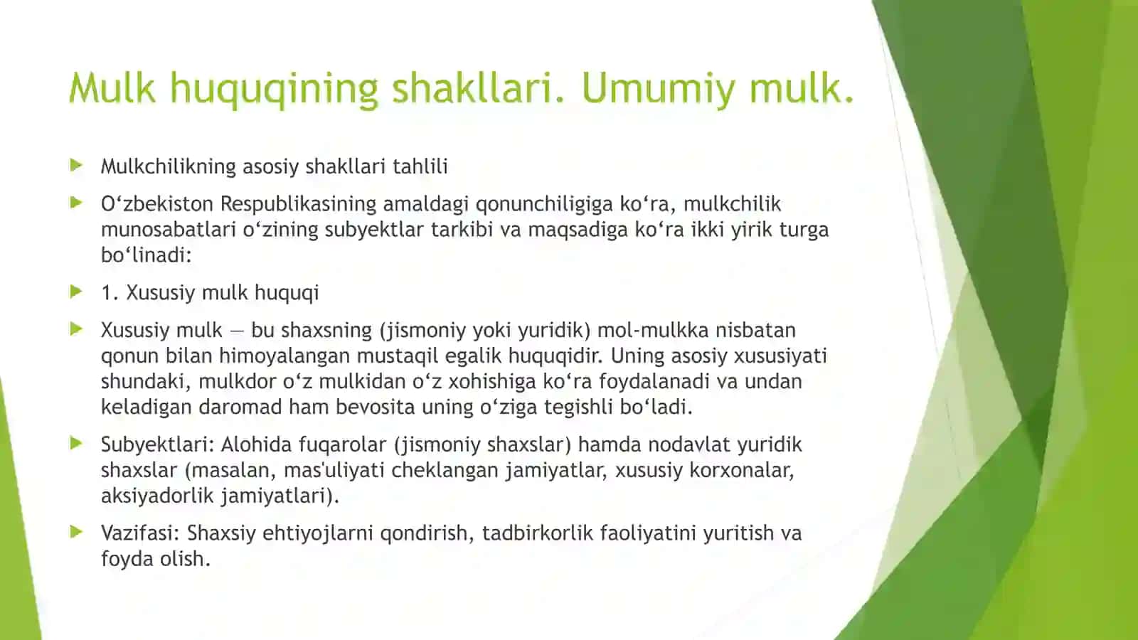 Mulk huquqining shakllari. Umumiy mulk 4