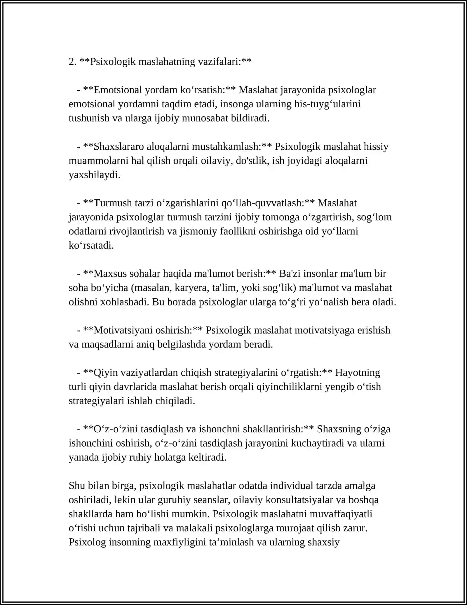 PSIXOLOGIK MASLAHATNI OʻTKAZISH VA BOSHQARISH 4