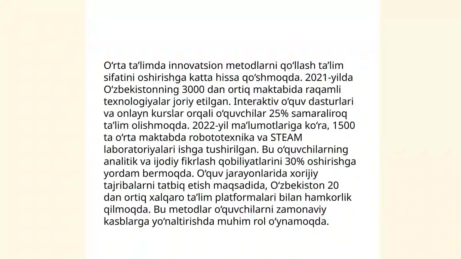 O'zbekistonda ta'lim tizimini rivojlanishi modernizatsiyalashning ustuvor yo'nalishlari 4