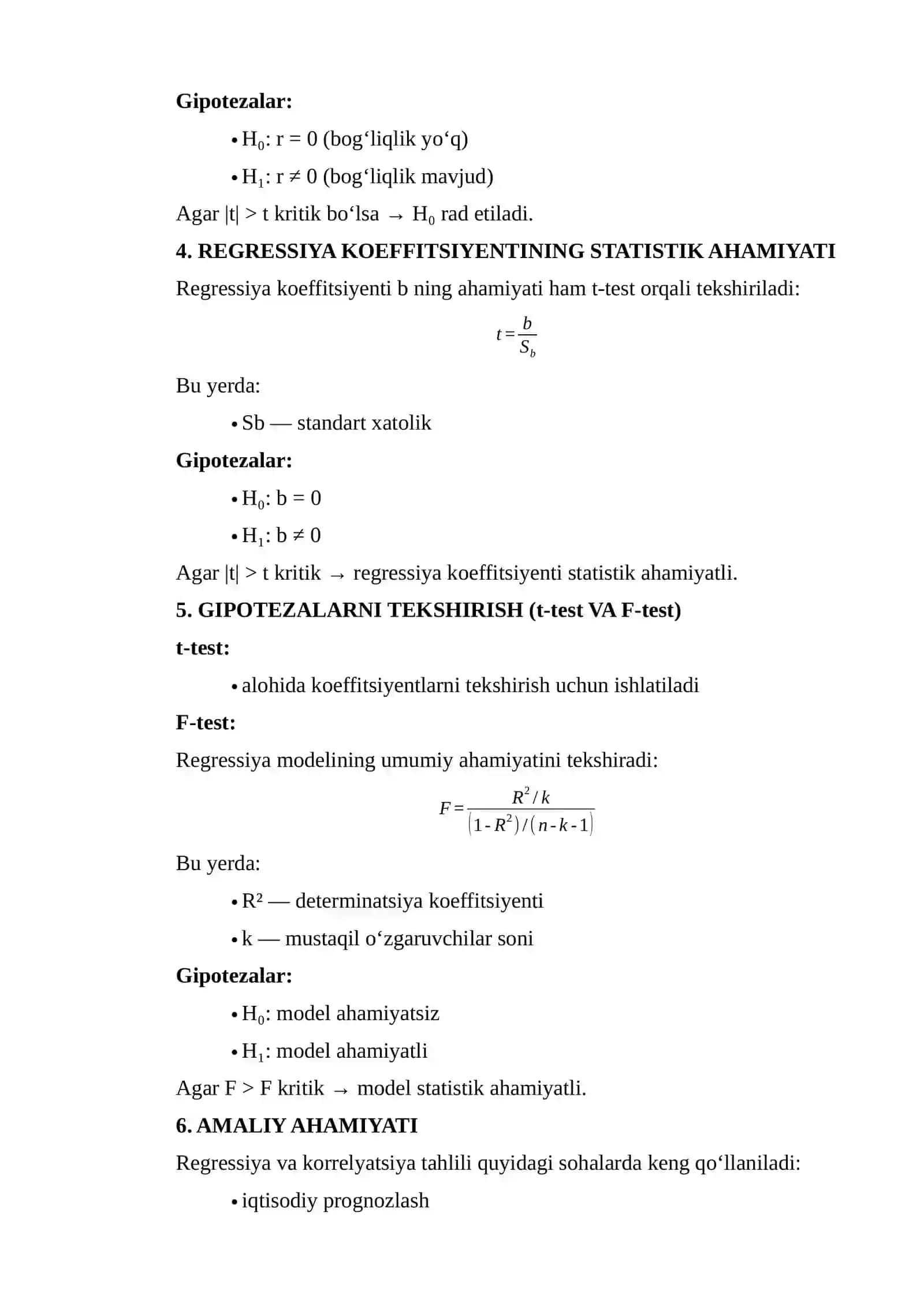 REGRESSIYA VA KORRELYATSIYA KOEFFITSIYENTINING STATISTIK AHAMIYATINI BAHOLASH 4