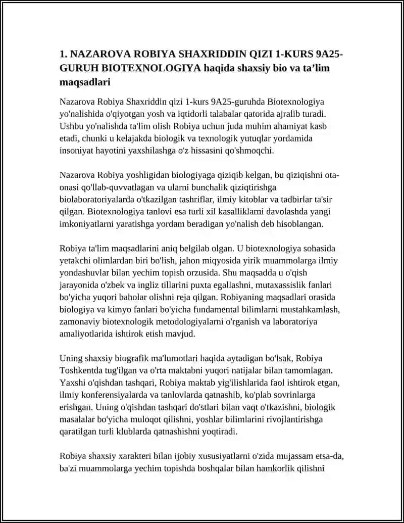 NAZAROVA ROBIYA SHAXRIDDIN QIZI 1-KURS 9A25-GURUH BIOTEXNOLOGIYA 4