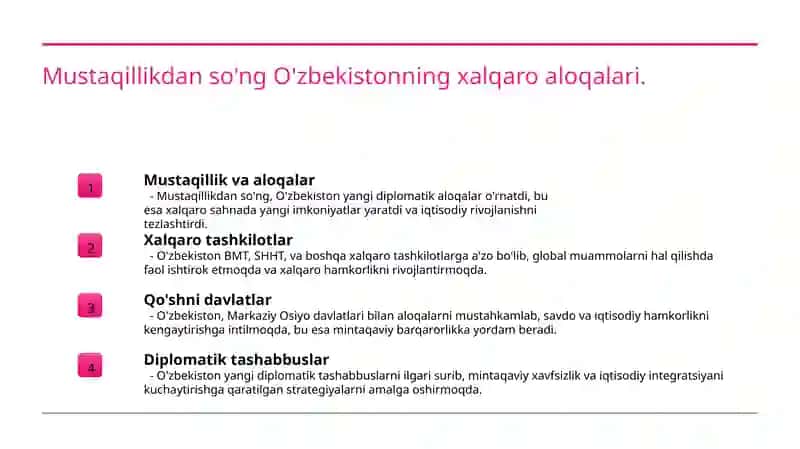 O'zbekiston Respublikasi tashqi siyosiy faoliyatini shakllanishi va uning ustuvirligi yõnalishlari 4