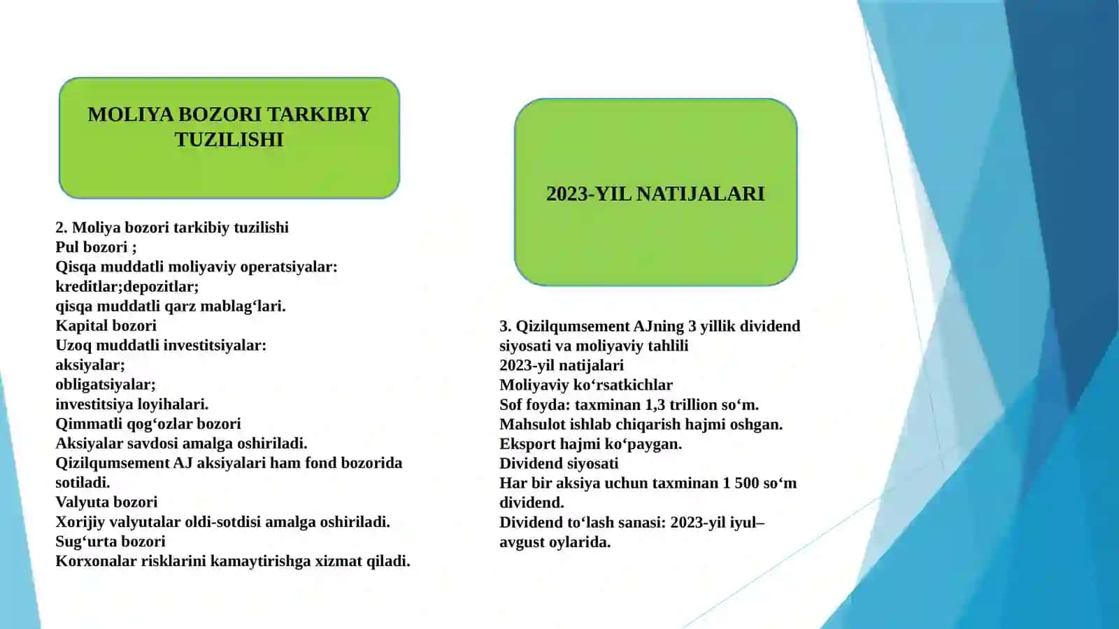 MoliyabozoritushunchasiMoliyabozoriningiqtisodiyotdagio‘rniAksiyadorlikjamiyatlariningmoliyabozoridagiahamiyatiQizilqumsementAJ 4
