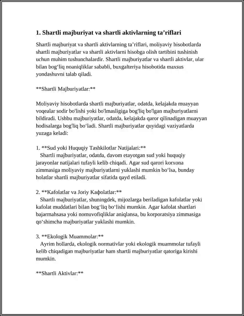 SHARTLI MAJBURIYAT VA SHARTLI AKTIVLARNING HISOBDA AKS ETTIRILISH TARTIBI: MOLIYAVIY HISOBOTLARDA OCHIQLASH TALABLARI 4