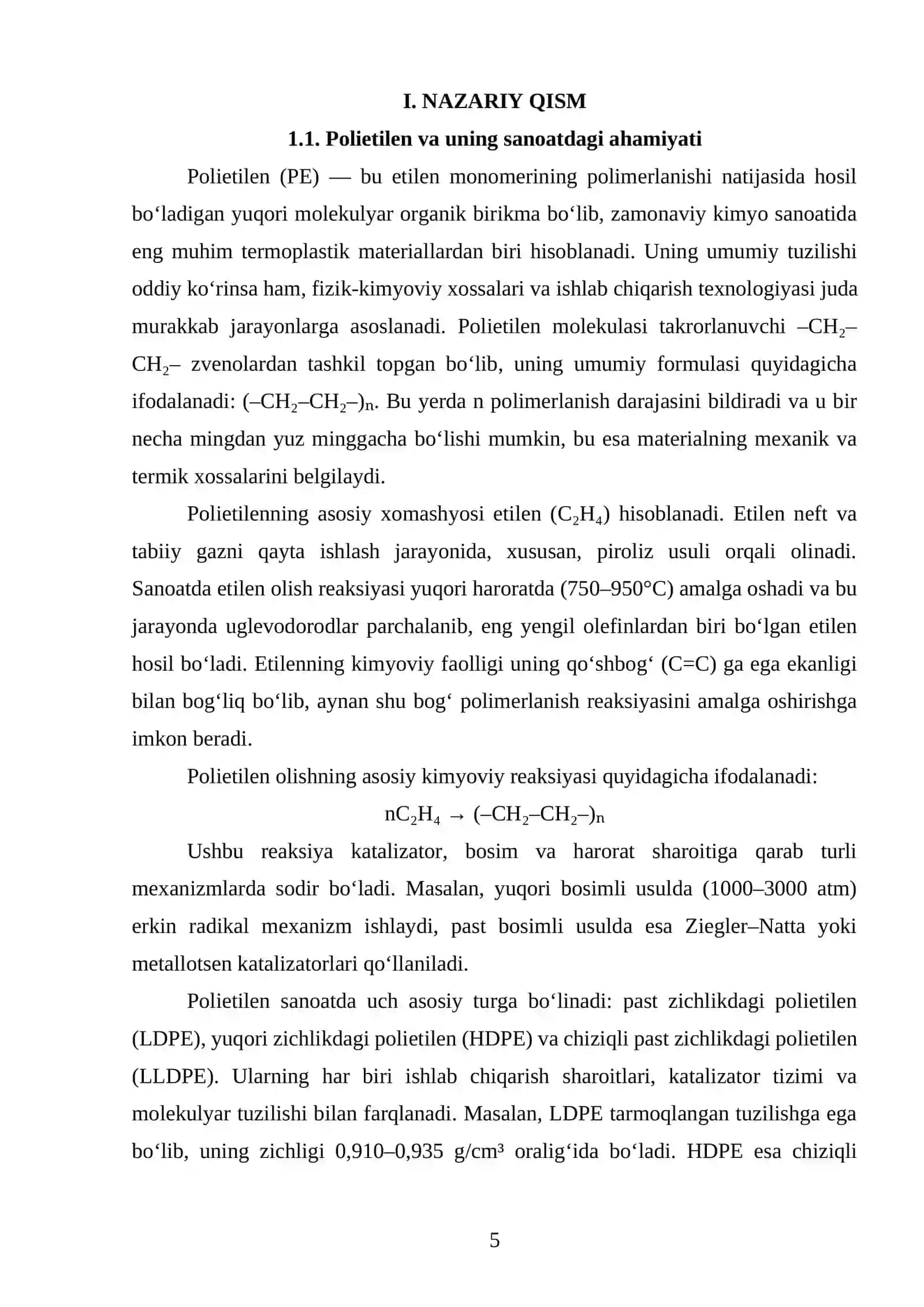 PE ishlab chiqarishda reaktorlar sistemasi texnologik liniyasini loyihalash. Q=80000 t yil 4