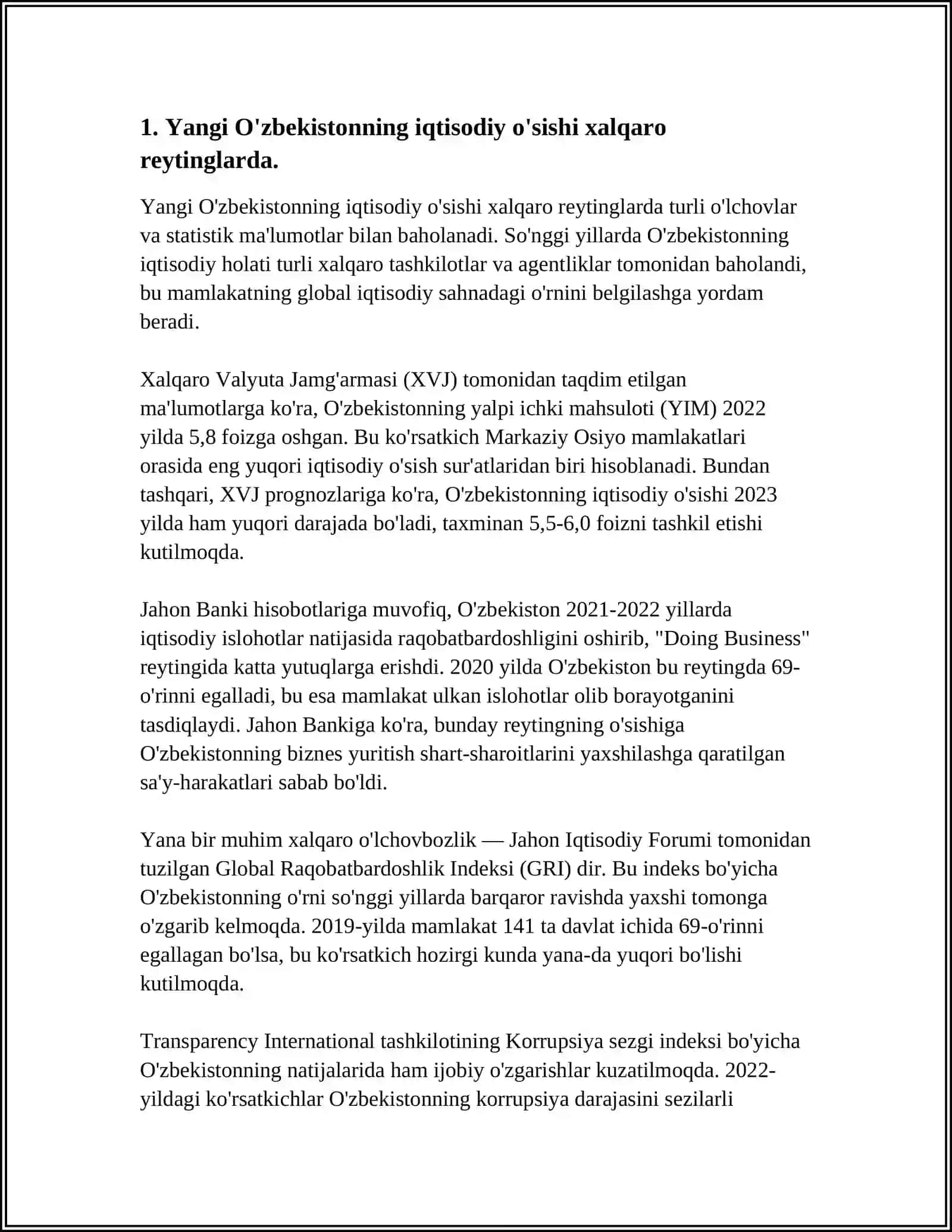 YANGI O'ZBEKISTON IJTIMOIY-SIYOSIY IQTISODIY VA MA'DANIY HAYOTDA RO'Y BERAYOTGAN O'ZGARISHLARNING XALQARO REYTING VA INDEKSLARDA AKS ETISHI 4