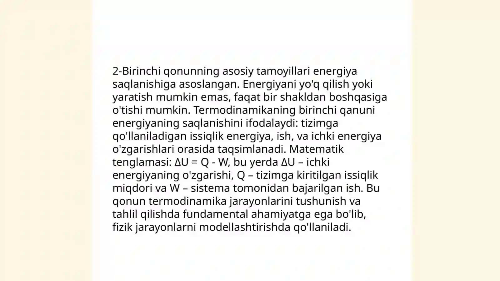 Kimyoviy termodinamikaning birinchi qonuni va uning analitik ifodasi 4