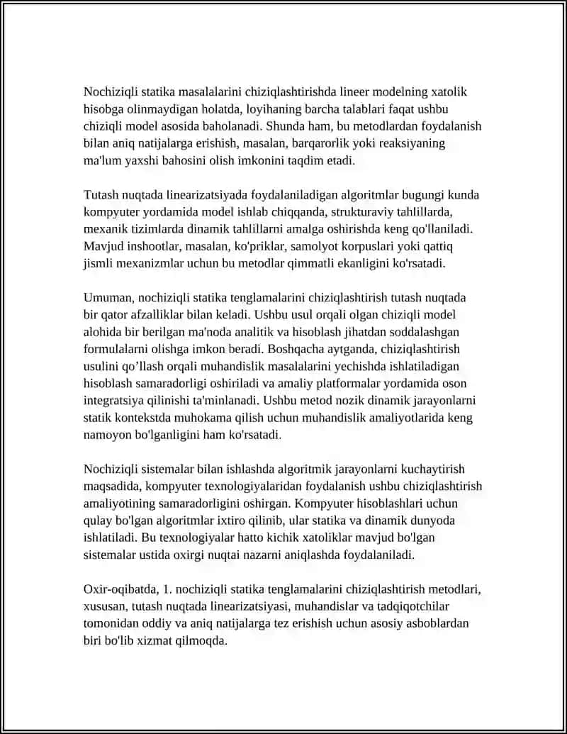 STATIKA VA DINAMIKANING NOCHIZIQLI TENGLAMALARI BO’YICHA CHIZIQLI MODELLARNI TUZISH 4
