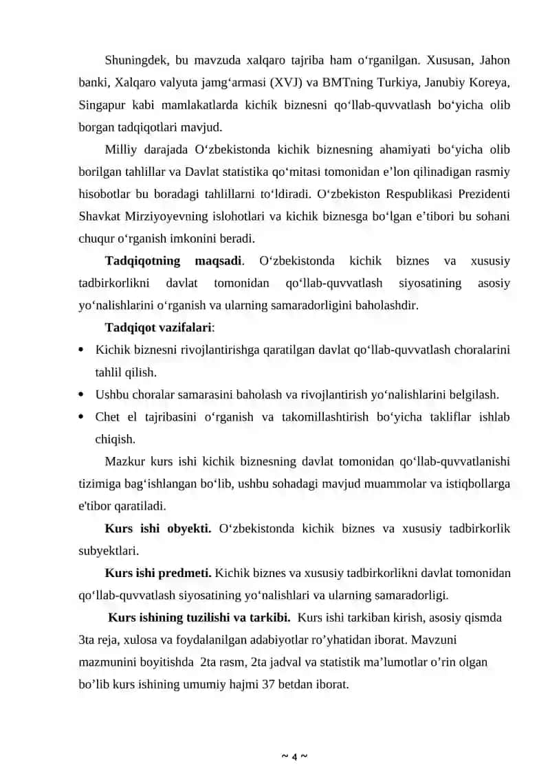 Kichik biznes va xususiy tadbirkorlikning rivojlanishini davlat tomonidan qo'llab-quvvatlash siyosatining yo'nalishlari 4