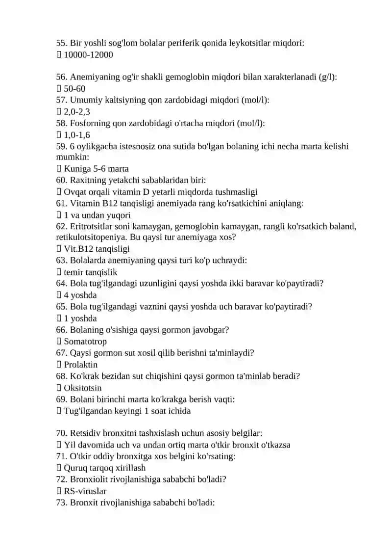 Umumiy pediatriya mutaxassisligi boʻyicha shakllantirilgan test savollari roʻyxati 4