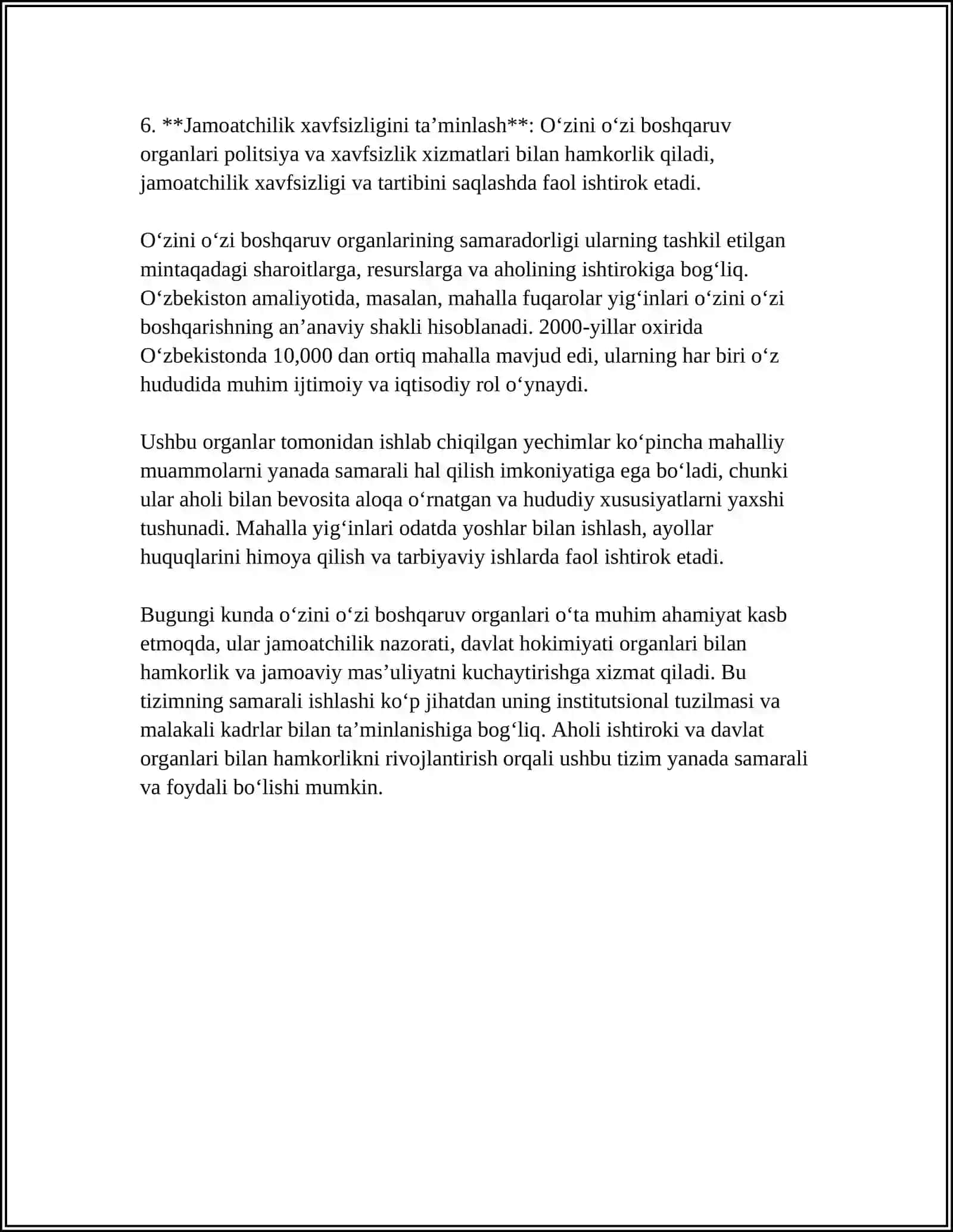 O‘ZINI O‘ZI BOSHQARUV ORGANLARINING FAOLIYATI VA ULARNING JAMIYATNI DEMOKRATLASHTIRISHDAGI O‘RNI 4