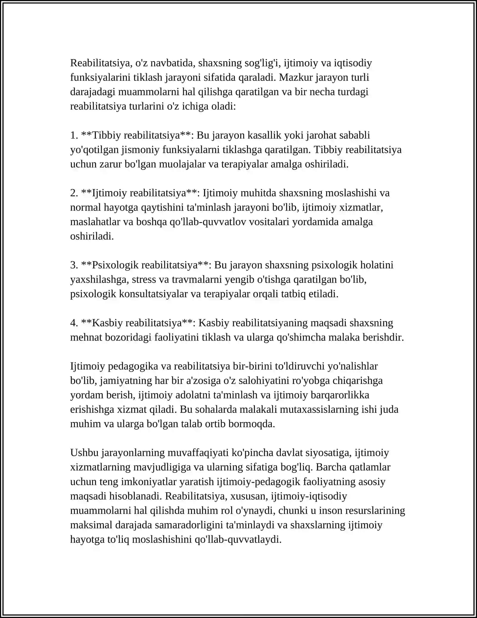 MUSTAQIL ISH Mavzu: IJTIMOIY PEDAGOGIKANING REABILITATSION XIZMATI MODELI VA MEXANIZMI 4