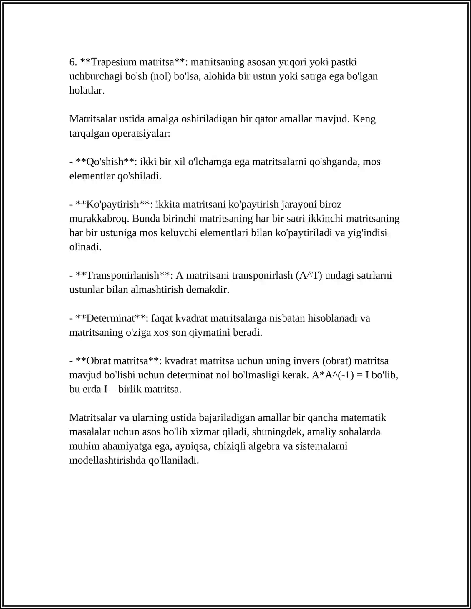 MATRITSA TUSHUNCHASI. MATRITSANING ASOSIY TURLARI. MATRITSA USTIDA AMALLAR 4