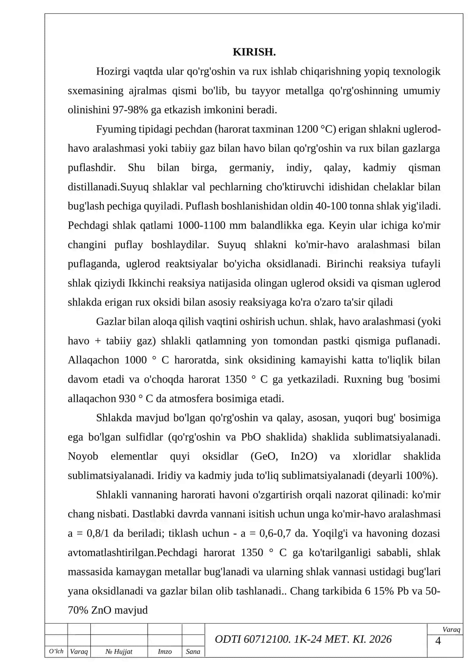 Shaxta - tiklovchili eritishda hosil bo'lgan rux saqlangan shlakni fyuminglash jarayonining hisobi 4