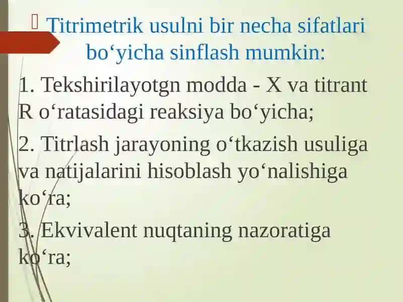 Titrimetriktahlil.Oksidimetriyausuli.Biosistemalardakislota-asosmuvozanati.Bufersistemalar.Kompleksbirikmalar,tuzilishivaxossalari.Kompleksonometriya 4
