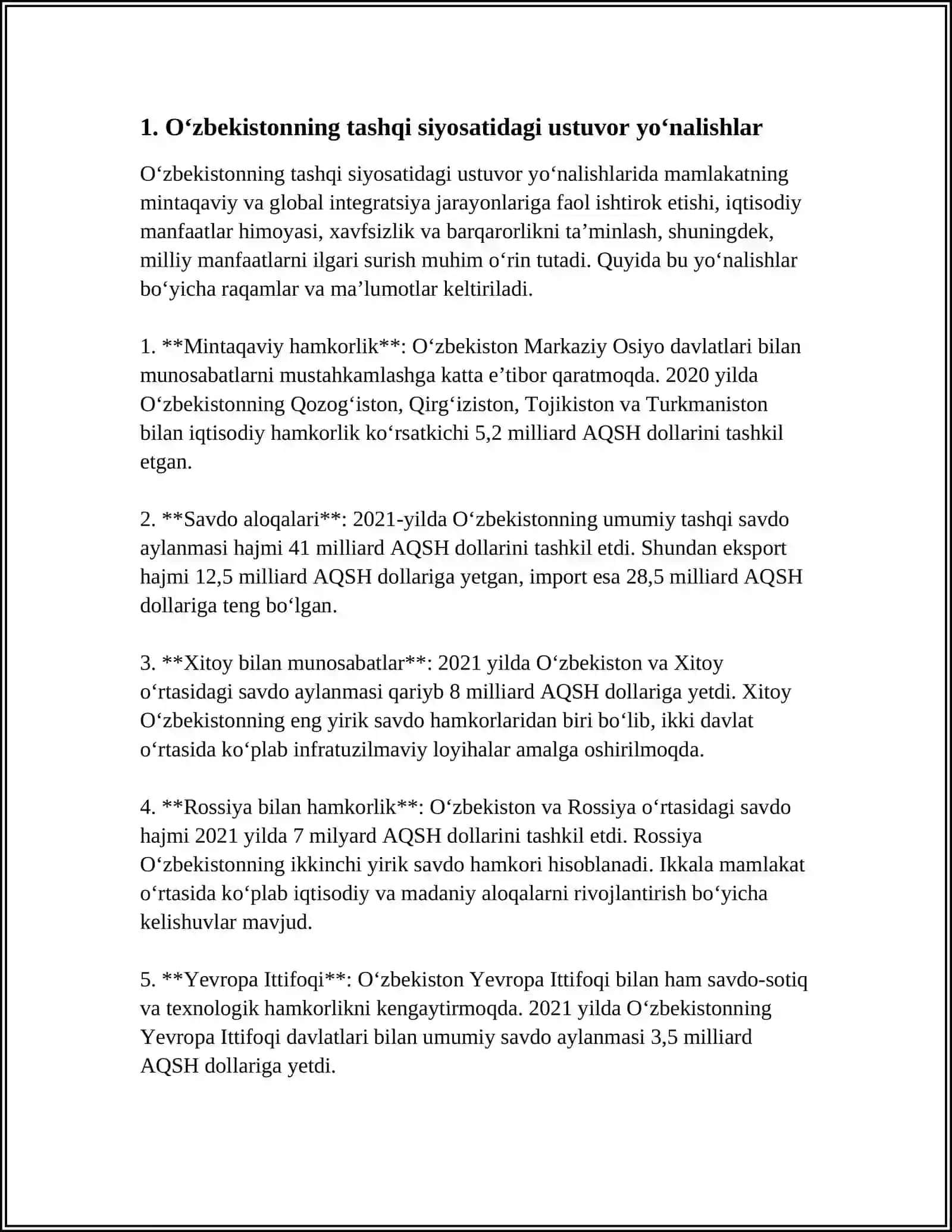 OʻZBEKISTON RESPUBLIKASI XALQARO HAMJAMIYATNING FAOL SUBYEKTI. OʻZBEKISTONNING XALQARO MUNOSABATLARDAGI FAOL ISHTIROKI 4
